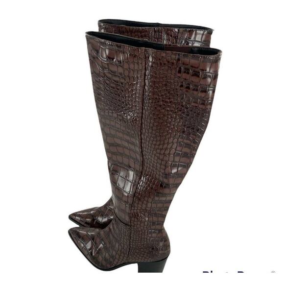 Comfort Faux Crocodile Print Boots Womens Brown Knee High Block Heel Size 7M - Picture 2 of 11